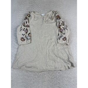 J. Jill Shirt Womens Medium Embroidered Floral Raglan 3/4 Sleeve Split Neck Boho